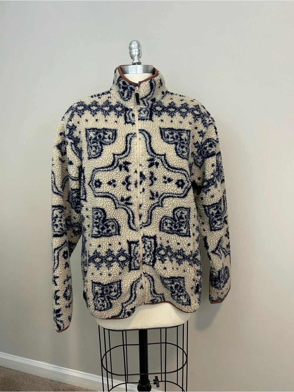 Urban Outfitters BDG Damask Tan Sherpa Zip-Up Fleece Jacket Sz Small